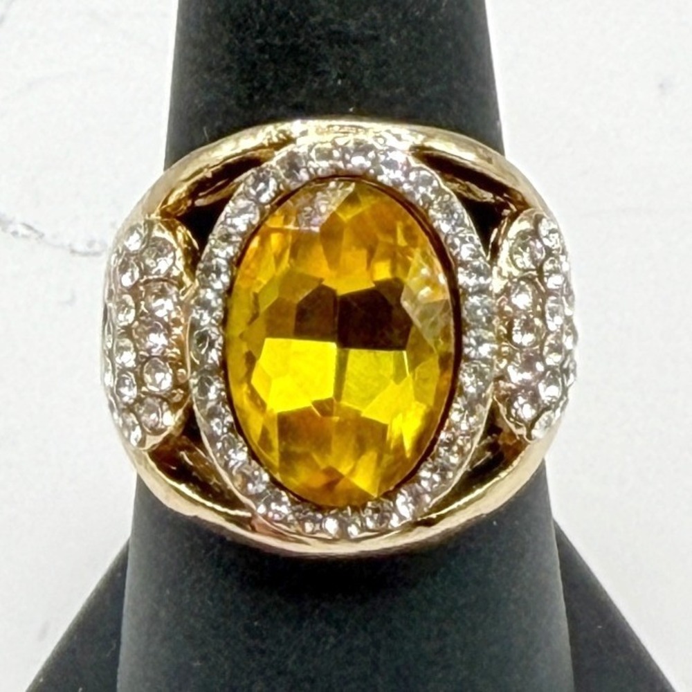 Gold Tone Citrine Color Statement Ring White Accents‎ Size 8